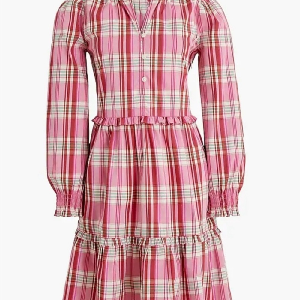 J Crew NWT Pink Plaid Long Sleeve  Ruffled Dress-size 4